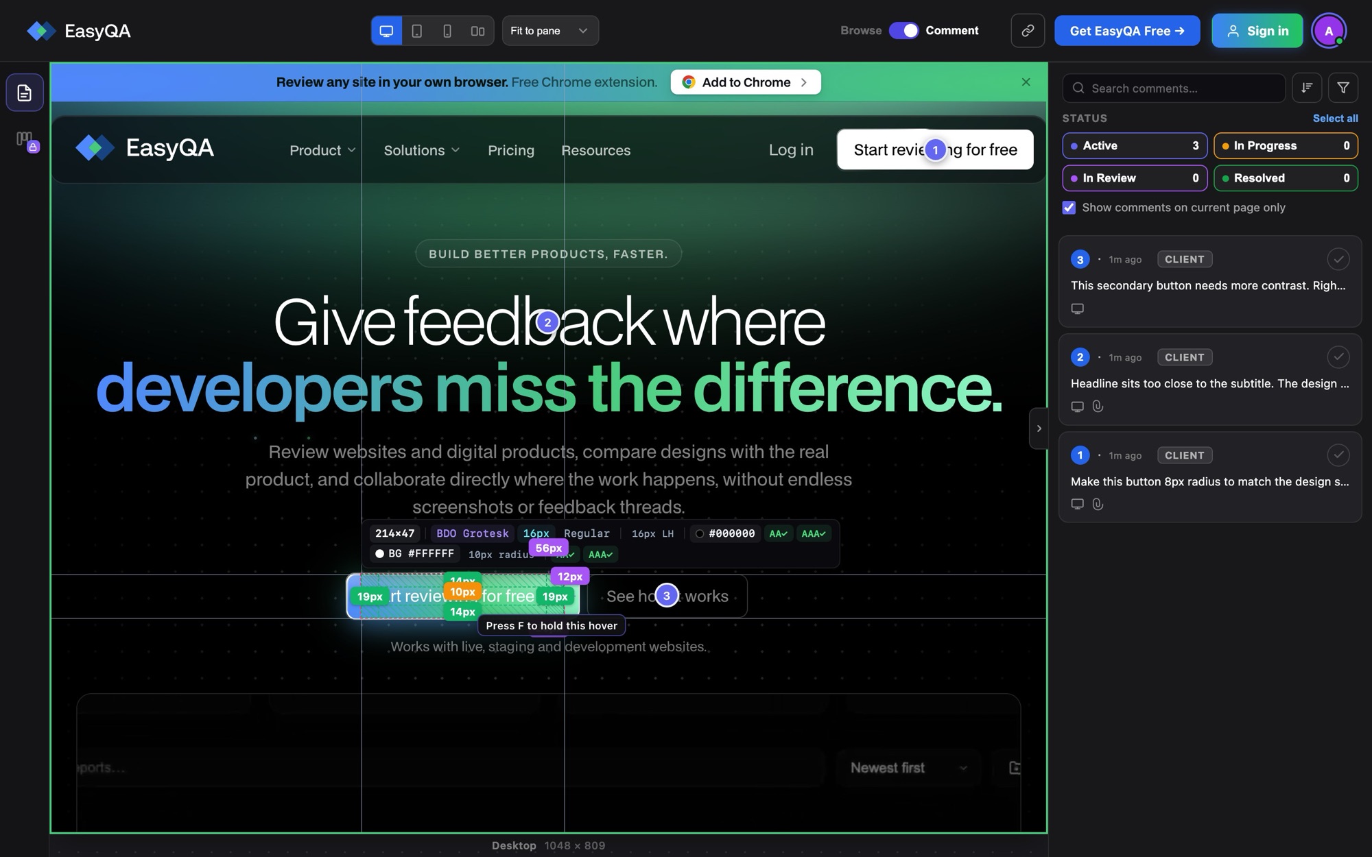 EasyQA inspecting a button on a live page
