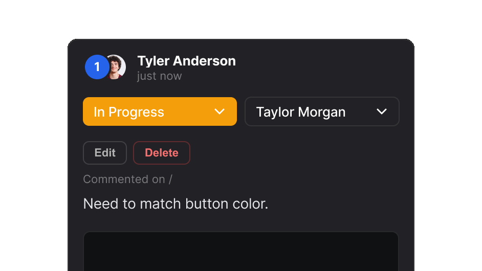A comment set to In Progress and assigned to a teammate