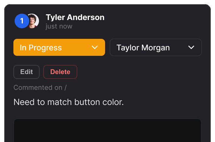 A comment set to In Progress and assigned to a teammate