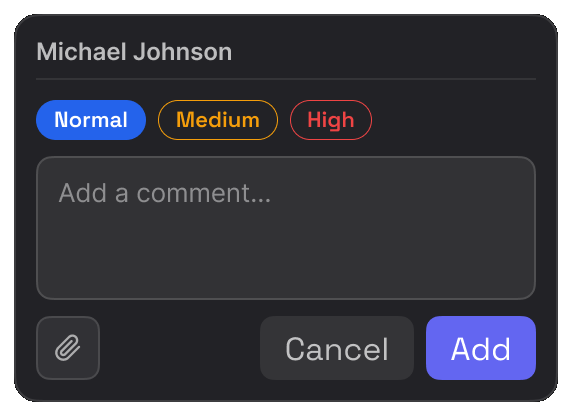 The comment box on a live page, with Normal, Medium and High priority