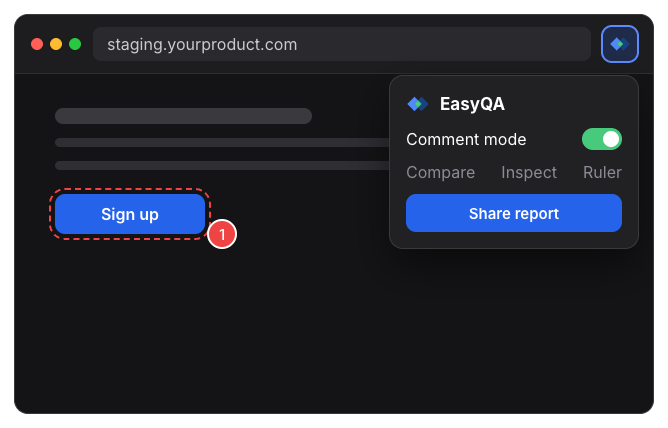 The EasyQA extension menu open on a staging site