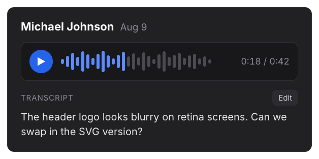 A voice comment with its player and an editable transcript