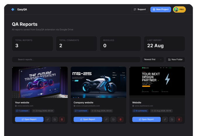 Reports in the EasyQA dashboard